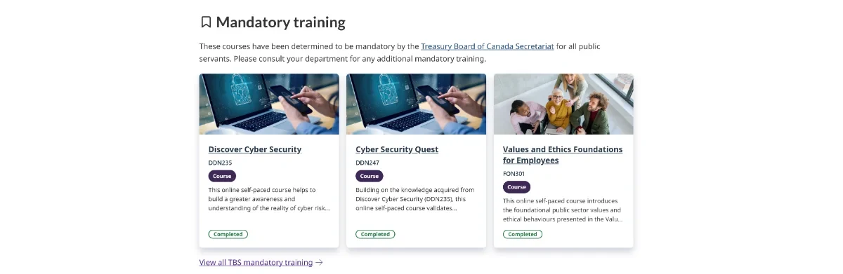 Mandatory training section with completion status pills