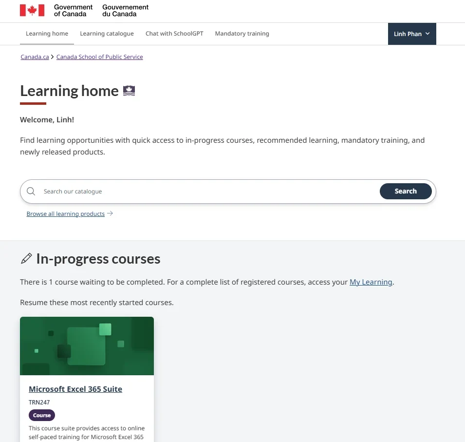 Screenshot of the redesigned Learning Home page